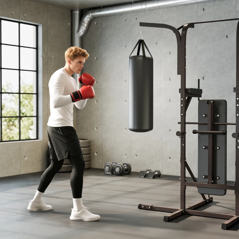 Soozier Heavy-Duty Power Tower Dip Station Pull Up Bar with Foldable Workout Bench and Punching Bag, Multi-Functional Adjustable Strength Training Equipment Power Rack Fitness Equipment for Home Gym