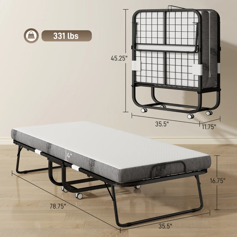HOMCOM Folding Bed with Mattress for Adults, Long Twin Size, Portable Foldable Bed with 4" Foam Mattress & Space-Saving Steel Frame, 79" x 35", Fold Up, Roll Away & Hideaway, White