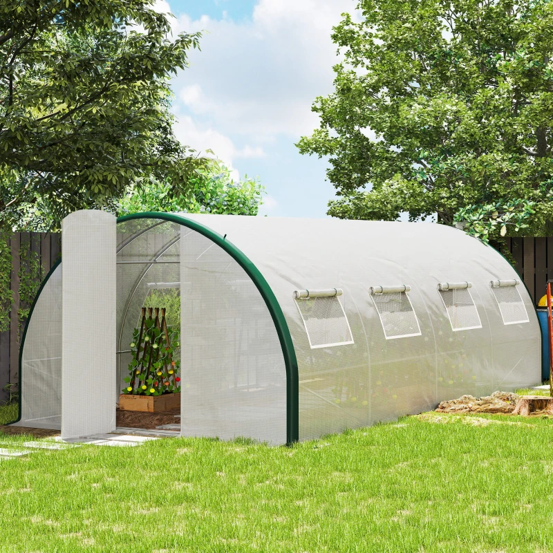 Outsunny Tunnel Greenhouse Walk-in Plant Warm House with 2 Hinged Doors, 8 Mesh Windows, 20' x 10' x 6.6', White