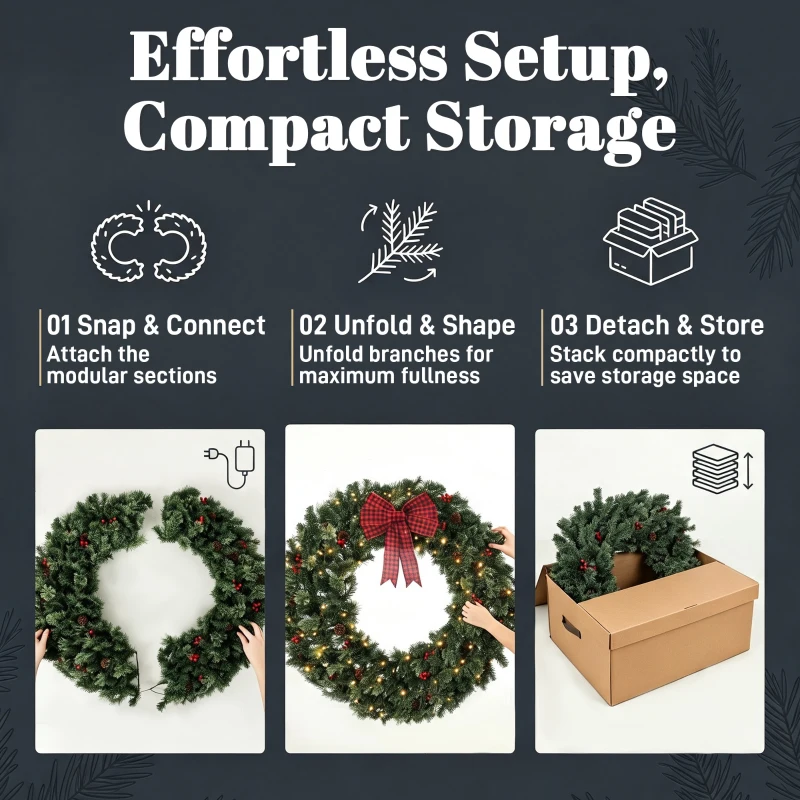 HOMCOM 36" Prelit Crestwood Spruce Artificial Christmas Wreath, Christmas Decor with Bow, 8 Modes, Red Berries, Pinecones