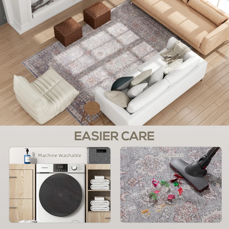 HOMCOM Machine Washable Area Rug 8x10, Non-Slip Traditional Flower Print Floor Carpet for Living Room, Bedroom, Grey and Brown