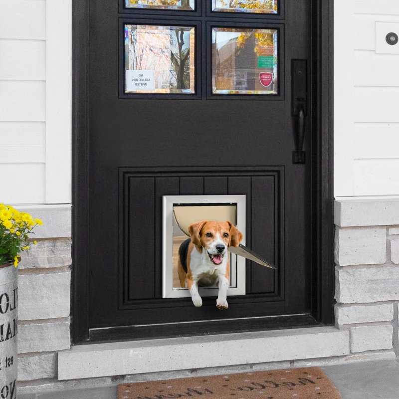PawHut 2 Way Dog Door, Aluminum Doggy Pet Flap for Wall, Fast Installation, Magnetic Closure, Locking Panel, Weather Resistant, Insulating, Weight Limit 55 lbs