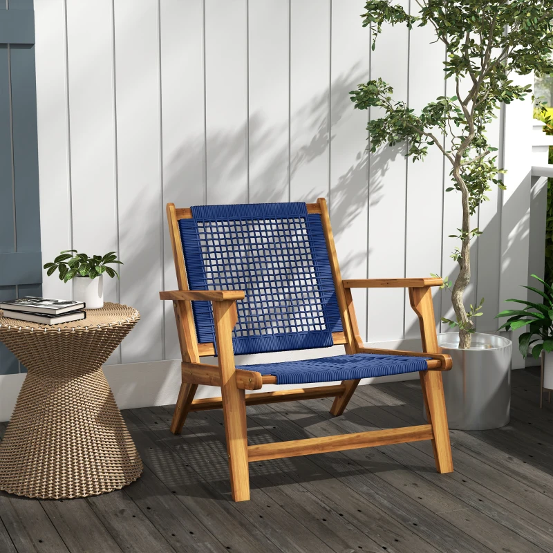 Outsunny Wood Adirondack Chair, Modern Fire Pit Chair, PP Rope Coconino Lounge Style Chair with High Support Backrest, Blue