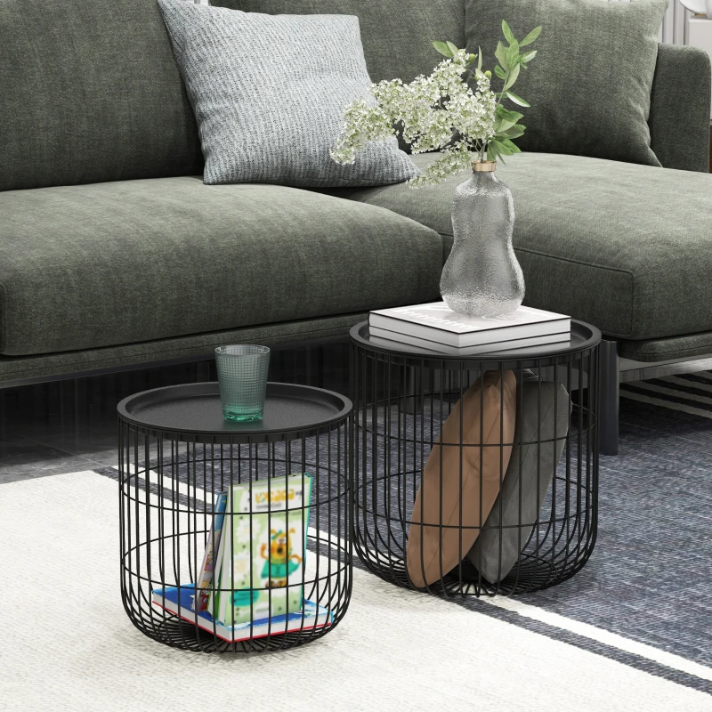 HOMCOM Coffee Table Set, Nest of Coffee Tables with Steel Wired Basket Body and Removable Top for Living Room, Black