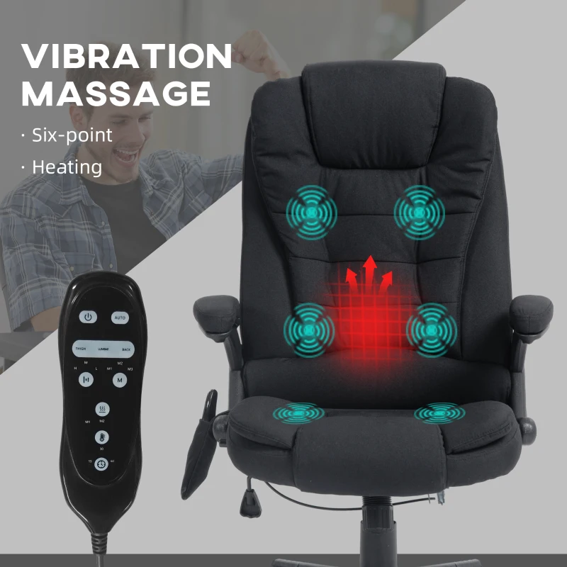 HOMCOM 6 Point Vibrating Massage Office Chair with Heat, Linen High Back Massage Desk Chair with Reclining Backrest, Black