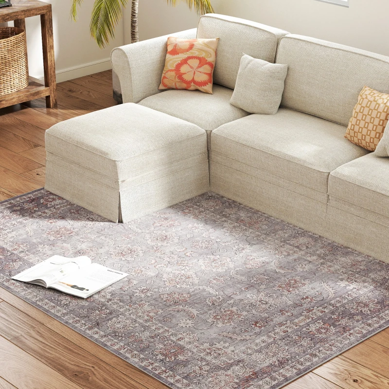 HOMCOM Machine Washable Area Rug 4x6, Non-Slip Traditional Flower Print Floor Carpet for Living Room, Bedroom, Grey and Brown