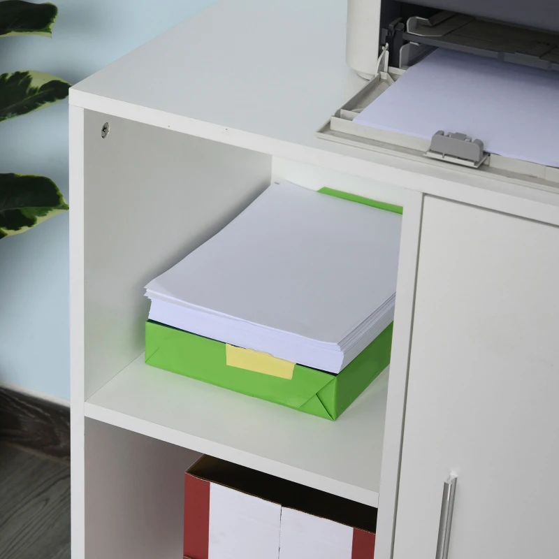Vinsetto Mobile File Cabinet and Printer Stand for Home Office, Mobile Printer Table with 4 Open Storage Shelves, Door Cabinet, Wheels, White