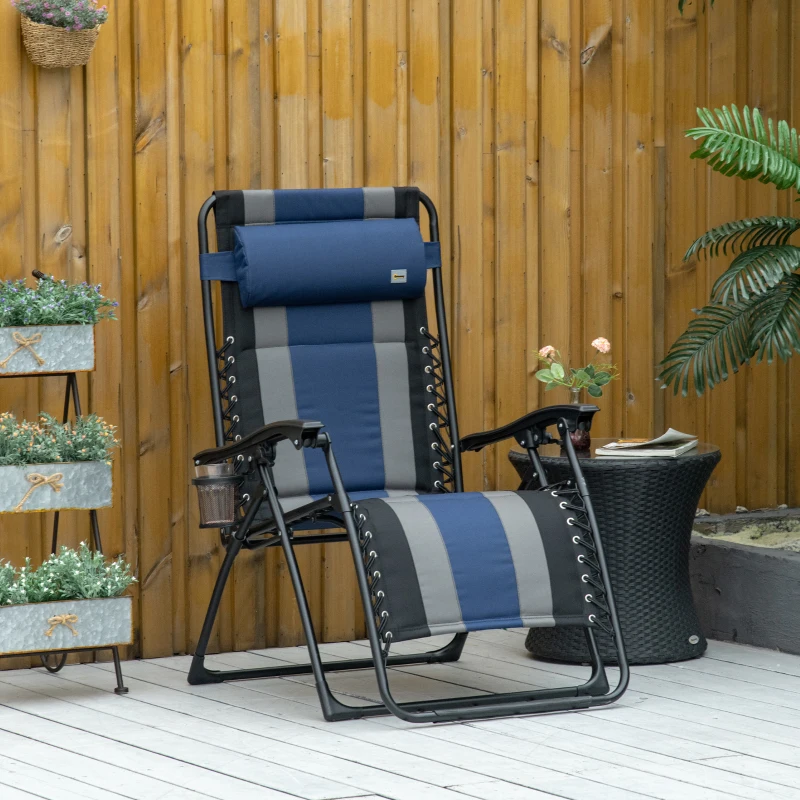 Outsunny XL Oversize Zero Gravity Recliner, Padded Patio Lounger Chair, Folding Chair with Adjustable Backrest, Cup Holder, and Headrest for Backyard, Poolside, Lawn, Striped, Blue