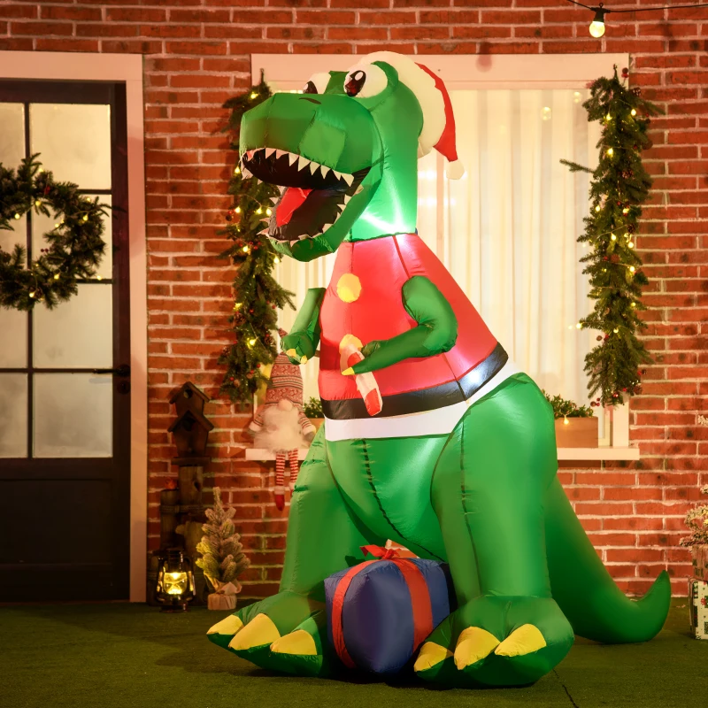 HOMCOM 6ft Christmas Inflatables Outdoor Decorationss Decorations Dinosaur with Christmas Hat, Blow-Up LED Yard Christmas Decor for Lawn Garden Party