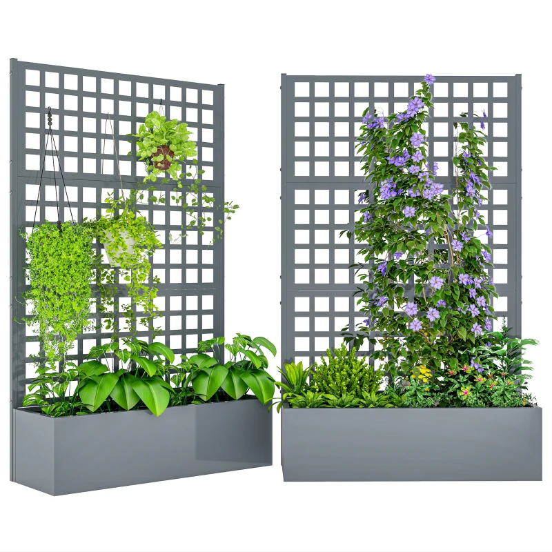 Outsunny Galvanized Raised Garden Bed Planter Box with Trellis for Climbing Plants, Vegetable, Vines, 43" x 16" x 70", Gray