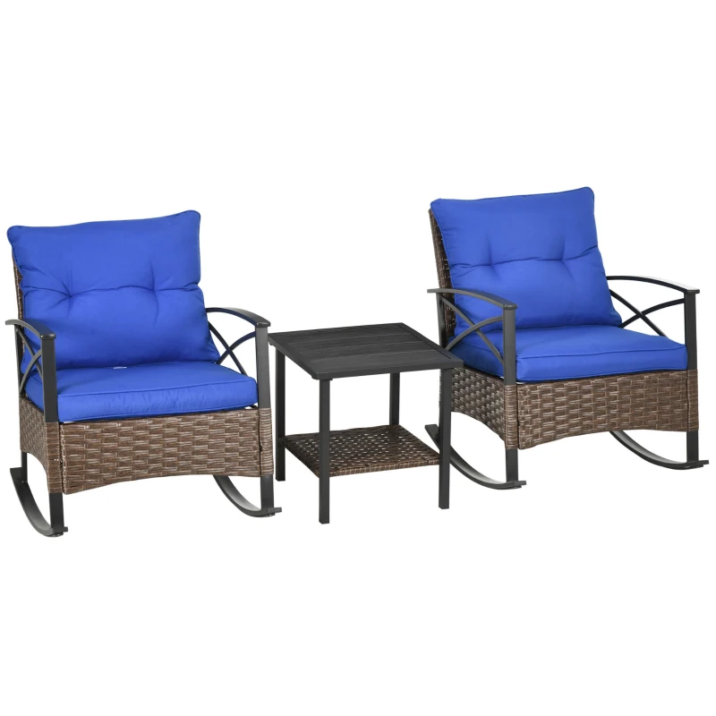 Outsunny 3 Piece Patio Rocking Chair Set, Outdoor Wicker Bistro Set with 2 Oversize Cushioned Porch Rockers and 2 Tier Coffee Table for Garden, Backyard, Blue