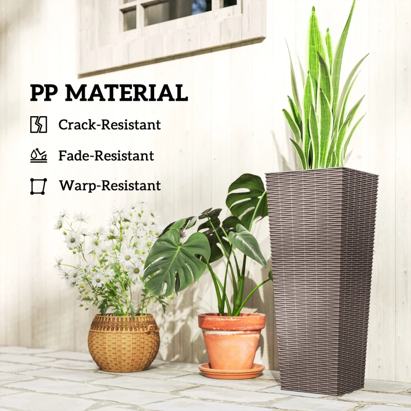 Outsunny 23.6 Inch Tall Planters for Outdoor Plants, Set of 2 Plastic Flower Pots with Drainage Holes, Brown