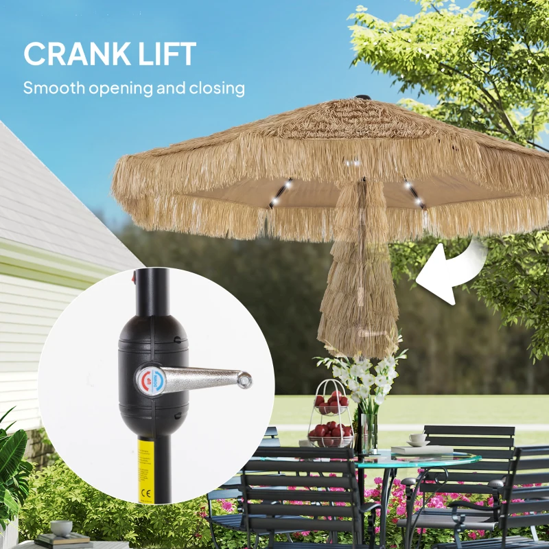 Outsunny 9 ft Hula Thatched Tiki Patio Umbrella with LED Solar Light, Outdoor Umbrella with Crank, Tilt, UPF30+, Khaki