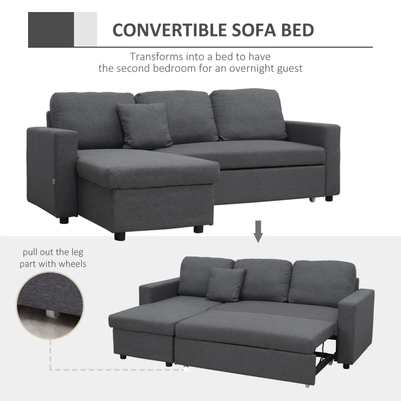HOMCOM Sectional Sofa Bed, L-Shaped Loveseat Reversible Sleeper Sofa with Pull Out Couch Bed, Storage Chaise, Cushions, Linen Feel Fabric Futon Sofa Bed for Living Room, Dark Gray 89.75"