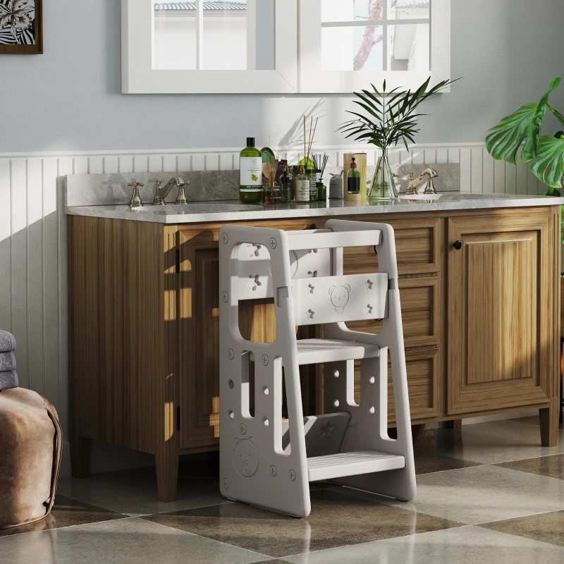Qaba Toddler Tower with Adjustable Height, Toddler Kitchen Stool Helper with Anti-slip Mat, Step Stool, Gray