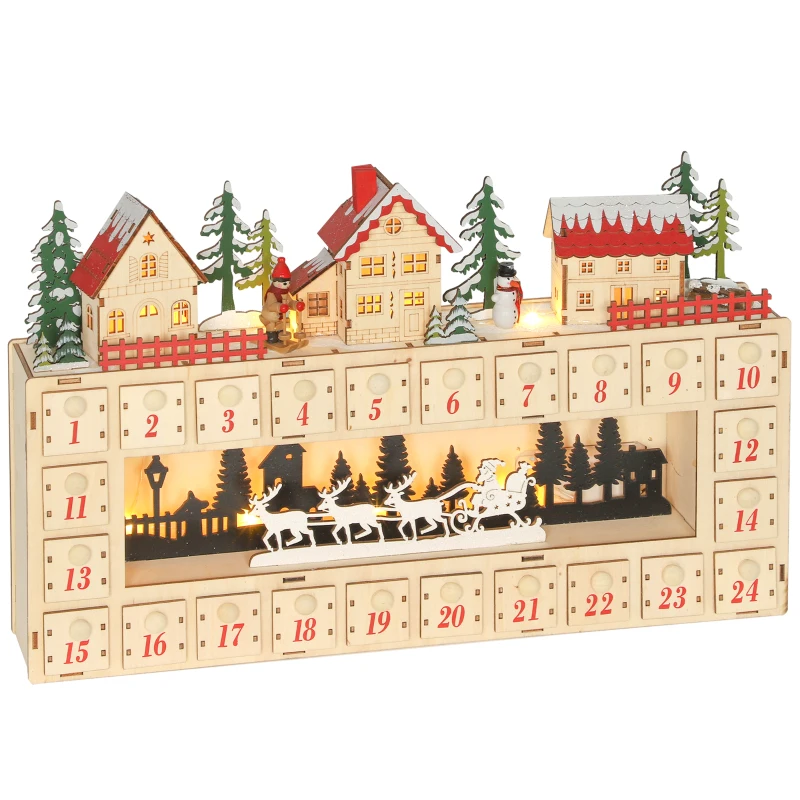 HOMCOM Christmas Advent Calendar with 24 Countdown Drawers and LED Lights, Wood-Effect Advent Calendar, Battery Operated
