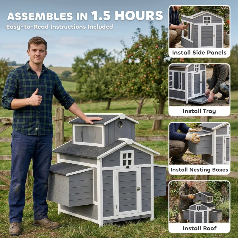PawHut Chicken Coop for 2 Chickens, Wooden Hen House with Nesting Box, Pull-Out Tray, Ventilation Windows