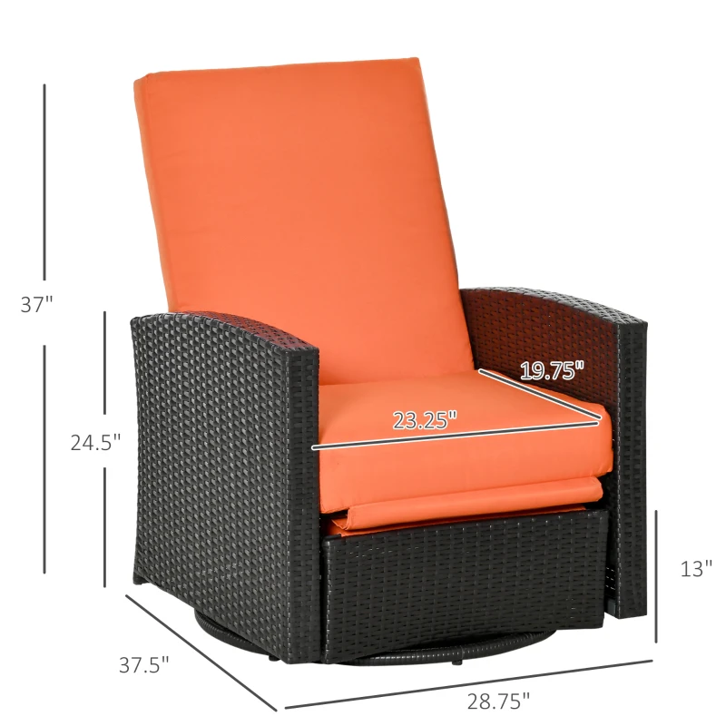 Outsunny Outdoor Wicker Swivel Recliner Chair, Reclining Backrest, Lifting Footrest, 360° Rotating Basic, Water Resistant Cushions for Patio, Orange