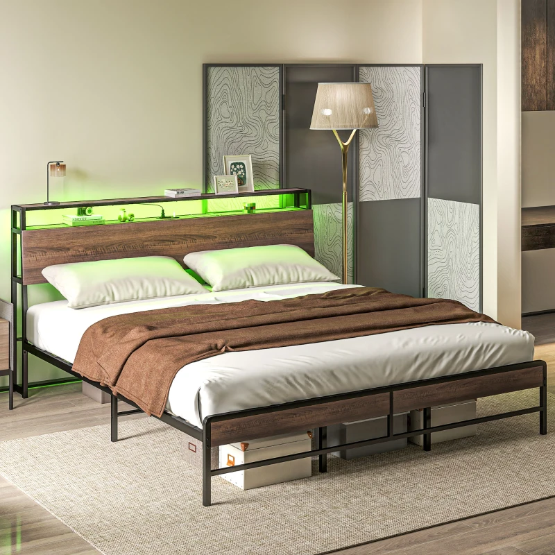 HOMCOM King Size Bed Frame with LED Lights and Charging Station, King Bed Frame with Storage Headboard, Noise-Free, Walnut