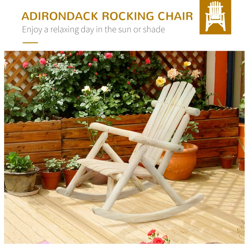 Outsunny 2 Piece Wooden Adirondack Porch Rocking Chair Set, Rustic Slatted Log Rockers for Indoor Outdoor Patio & Lawn, Unpainted, Natural