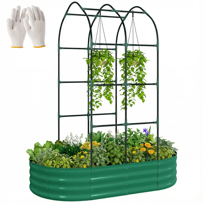 Outsunny Galvanised Raised Garden Bed with Arched Trellis, 5 x 3 x 6ft Metal Outdoor Planter Box with Open Bottom, Green
