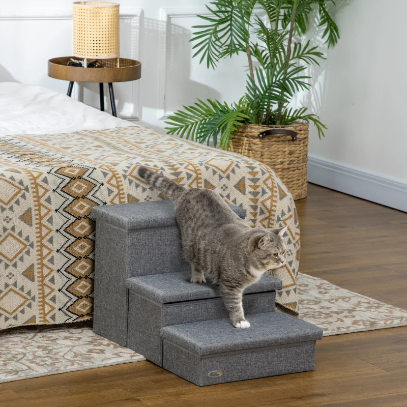 PawHut 3-Step Pet Stairs with Storage, Dog Steps for Couch, Bed, Gray