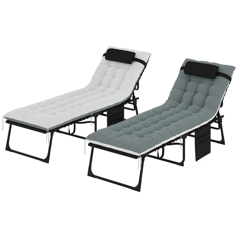 Outsunny Outdoor Chaise Lounge Chair Set of 2, 5-Level Adjustable Folding Pool Lounge Chairs with Cushions, Black/Gray