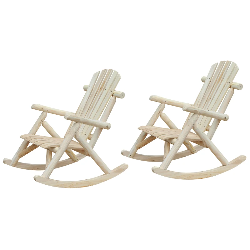 Outsunny 2 Piece Wooden Adirondack Porch Rocking Chair Set, Rustic Slatted Log Rockers for Indoor Outdoor Patio & Lawn, Unpainted, Natural