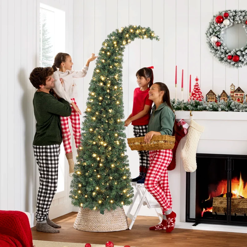 HOMCOM 7 ft Prelit Christmas Tree, Whimsical Xmas Tree Slim High Mountain Fir with 300 LEDs and Metal Stand, Green