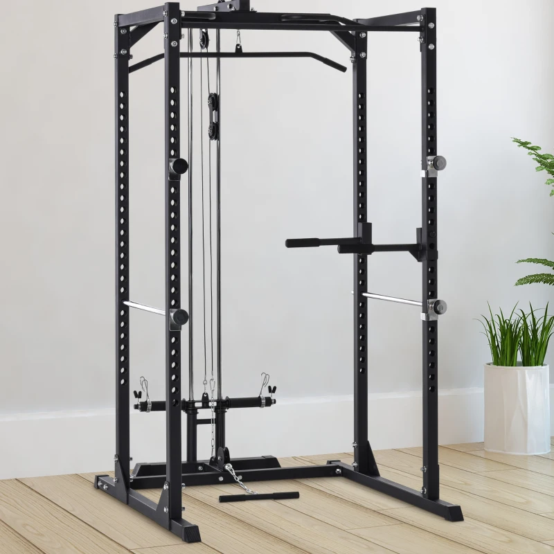 Soozier Multi-Functional Power Tower Dip Station Pull Up Bar Lat Pull Down Machine, Power Cage Fitness Equipment for Home Gym, Weightlifting Barbell Squat Rack, Dip Workout Station