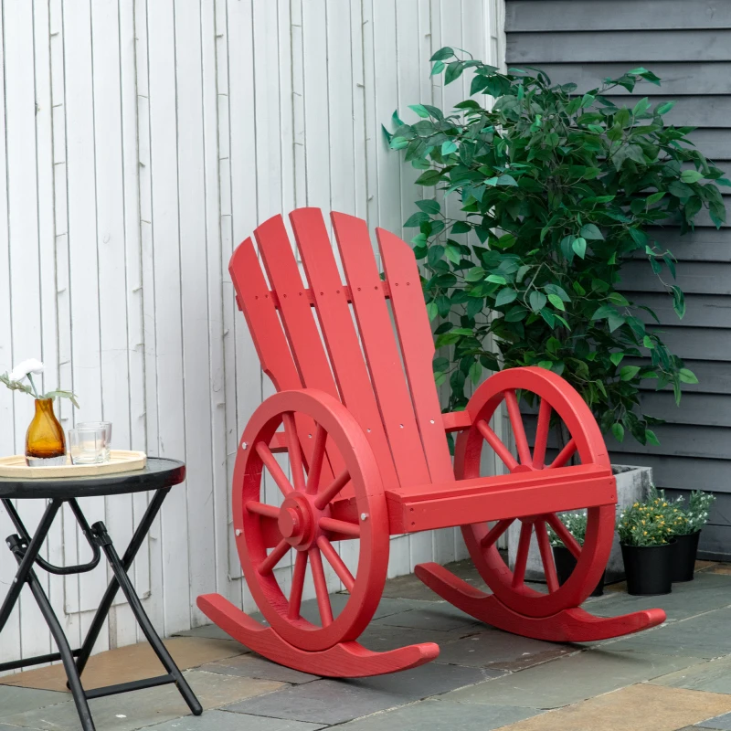 Outsunny Wooden Rocking Chair, Adirondack Rocker Chair w/Slatted Design and Oversized Back, Outdoor Rocking Chair with Wagon Wheel Armrest for Porch, Poolside, and Garden, Red
