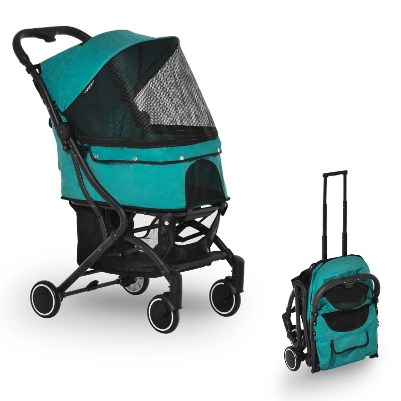 PawHut Travel Pet Stroller for Dogs, Cats, One-Click Fold Jogger Pushchair with Aluminum Frame, EVA Wheels, Brakes, Basket Storage, Safety Belts, Adjustable Canopy, Zippered Mesh Window Door, Blue
