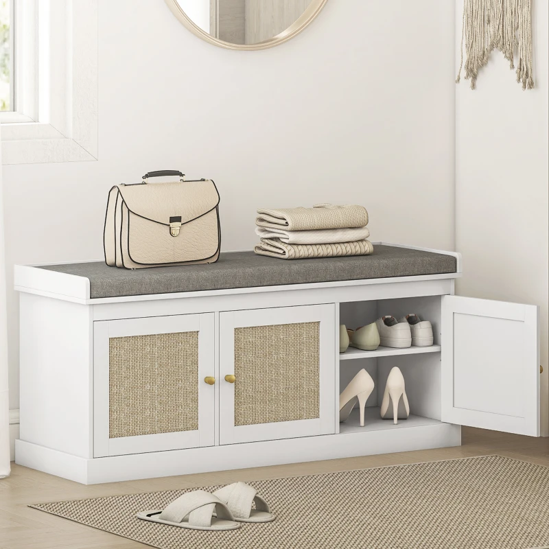 HOMCOM Shoe Storage Bench with Woven Rattan Doors, Shoe Bench with Cushion, Adjustable Shelves, Entryway Bench, White