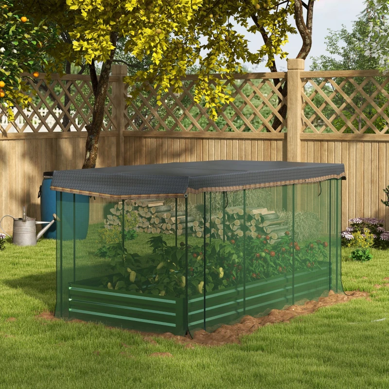 Outsunny Galvanized Steel Planter Box with Crop Cage and Shade Cloth, Raised Garden Bed for Flowers, Veggies and Herbs, Green