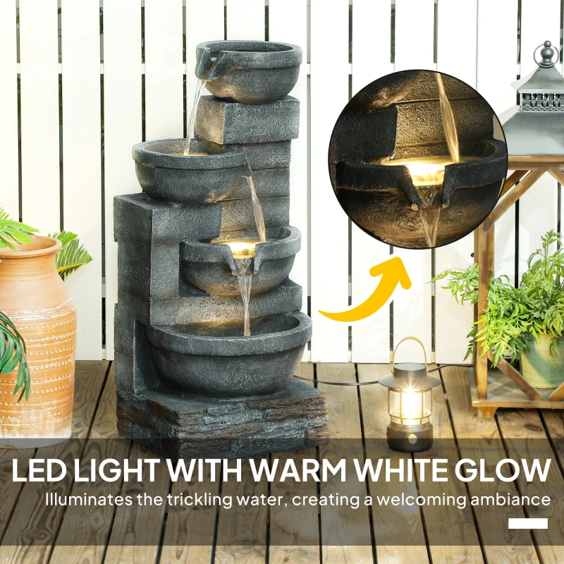 Outsunny 30" Tall Outdoor Waterfall Fountain with LED Lights, 4-Tier Resin Cascading Water Bowls with Pump, Gray