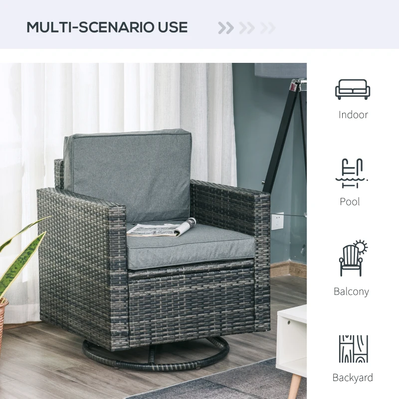 Outsunny Outdoor Swivel Rocker, PE Wicker Dining Chair, 360 Degree Swivel Patio Glider with Cushions for Backyard, Lawn, Garden, Deck, Porch, Steel Frame, Gray