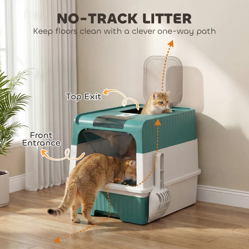 PawHut Cat Litter Box Hooded Cat Litter Tray with Drawer Pan Front Entry & Top Exit Easy Cleaning Teal