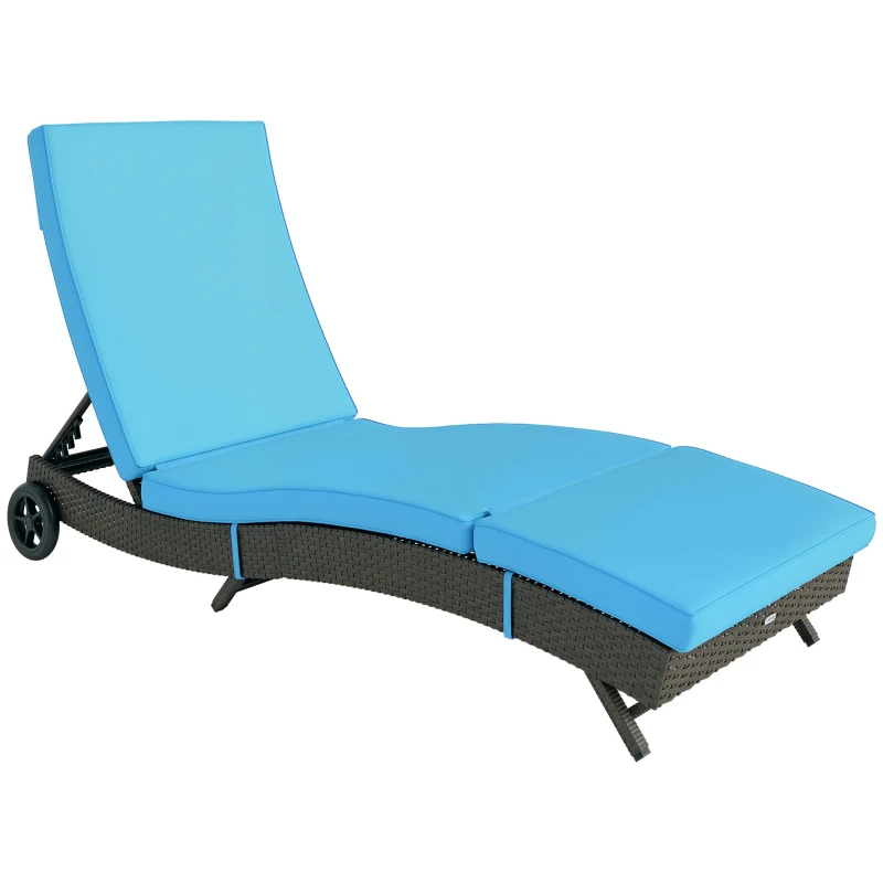 Outsunny Patio Wicker Chaise Lounge Chair, Outdoor PE Rattan Sun lounger with Adjustable Backrest and 2 Wheels, Sky Blue
