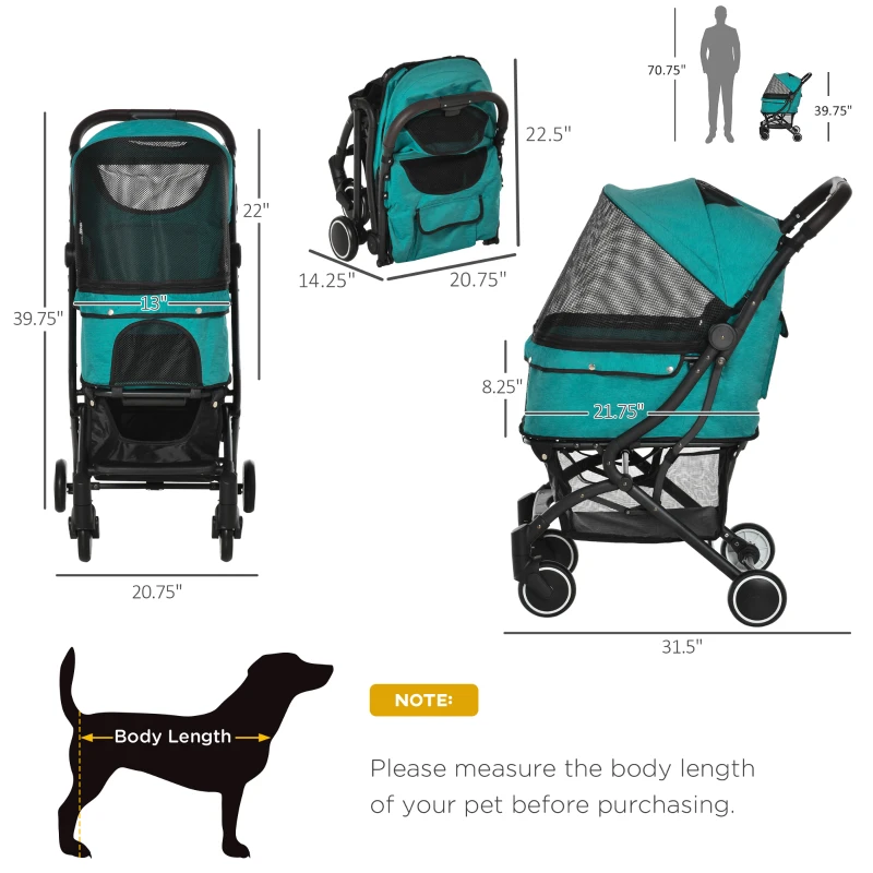 PawHut Travel Pet Stroller for Dogs, Cats, One-Click Fold Jogger Pushchair with Aluminum Frame, EVA Wheels, Brakes, Basket Storage, Safety Belts, Adjustable Canopy, Zippered Mesh Window Door, Blue