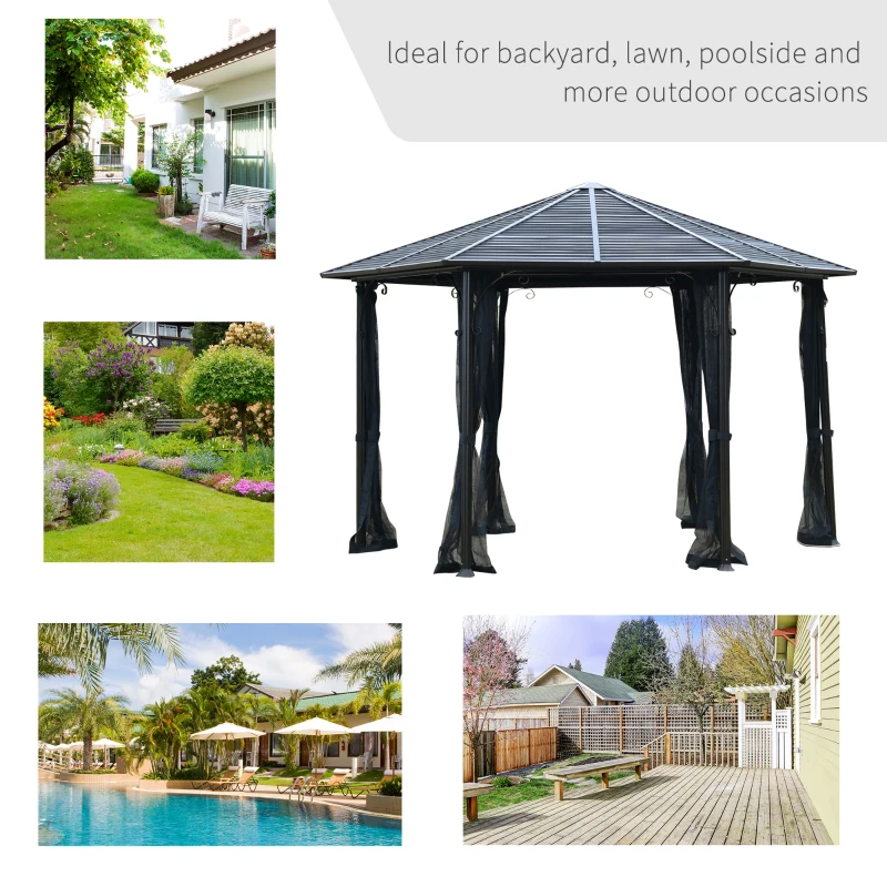 Outsunny 13' x 13' Hexagon Hardtop Gazebo Canopy with Galvanized Steel Roof, Aluminum Frame, Permanent Pavilion Outdoor Gazebo with Netting and Hook, for Patio, Garden, Backyard, Deck, Lawn