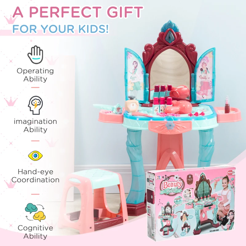 Qaba Kids Vanity Set with Self-Opening Magic Mirror, Princess Makeup Vanity Table Set with Music, Tabletop with Lights, Imaginative Toy for 3-6 Years Old Child