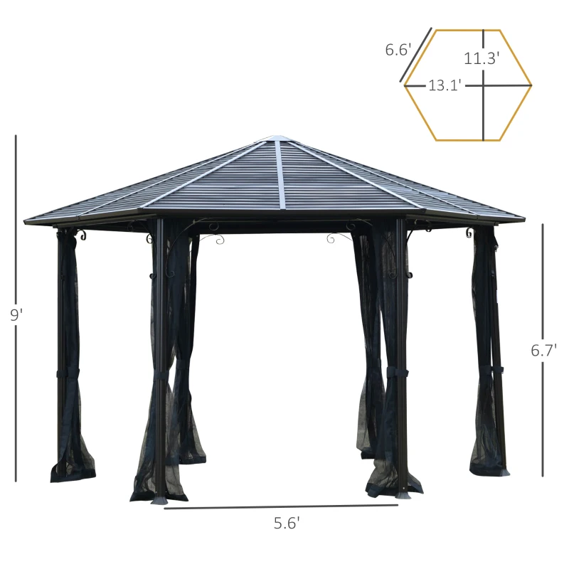 Outsunny 13' x 13' Hexagon Hardtop Gazebo Canopy with Galvanized Steel Roof, Aluminum Frame, Permanent Pavilion Outdoor Gazebo with Netting and Hook, for Patio, Garden, Backyard, Deck, Lawn