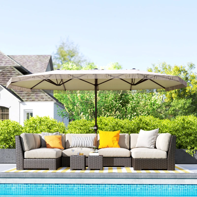 Outsunny 15ft Rectangle Patio Umbrella UPF30+ Extra Large Outdoor Umbrella with Fringe and Crank Handle, Cream White