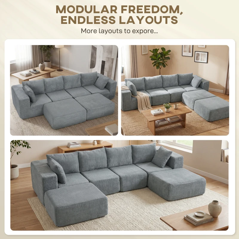 HOMCOM Modular Sectional Sofa, Boneless U-Shape Sectional Couch with 2 Ottomans, Dark Gray
