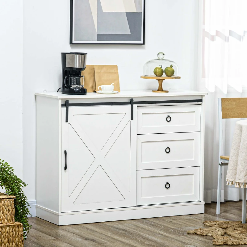 HOMCOM Farmhouse Kitchen Sideboard, Buffet Cabinet with Sliding Barn Door and 3 Storage Drawers for Living Room, White