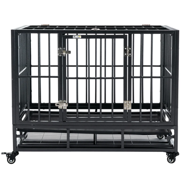 PawHut 36" Heavy Duty Dog Crate Metal Cage Kennel with Lockable Wheels, Double Door and Removable Tray, Gray