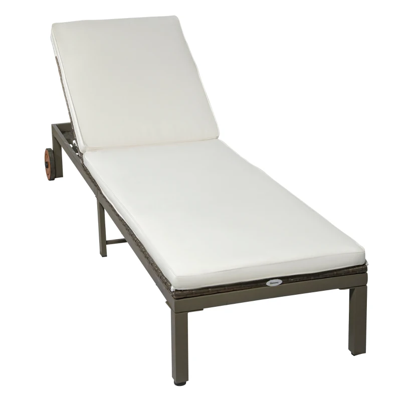 Outsunny Patio Wicker Chaise Lounge with Wheels, Outdoor Rattan Sun Lounger with 4 Position Adjustable Backrest and Cushions for Garden, Patio, Poolside Cream White