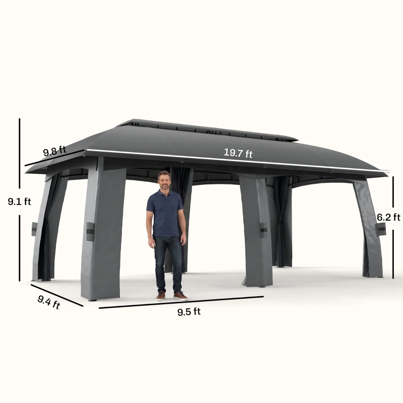 Outsunny 10' x 20' Patio Gazebo, Outdoor Gazebo Canopy Shelter with Netting, Vented Roof for Garden, Dark Gray