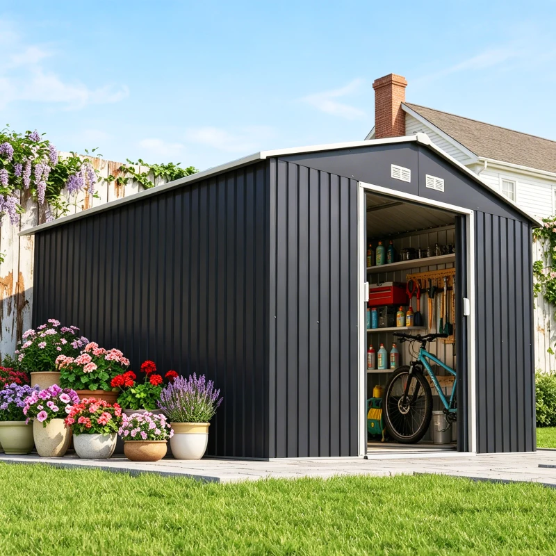 Outsunny 11' x 9' Outdoor Storage Shed, Garden Tool Metal Shed with Foundation Kit, Double Lockable Door, Dark Gray