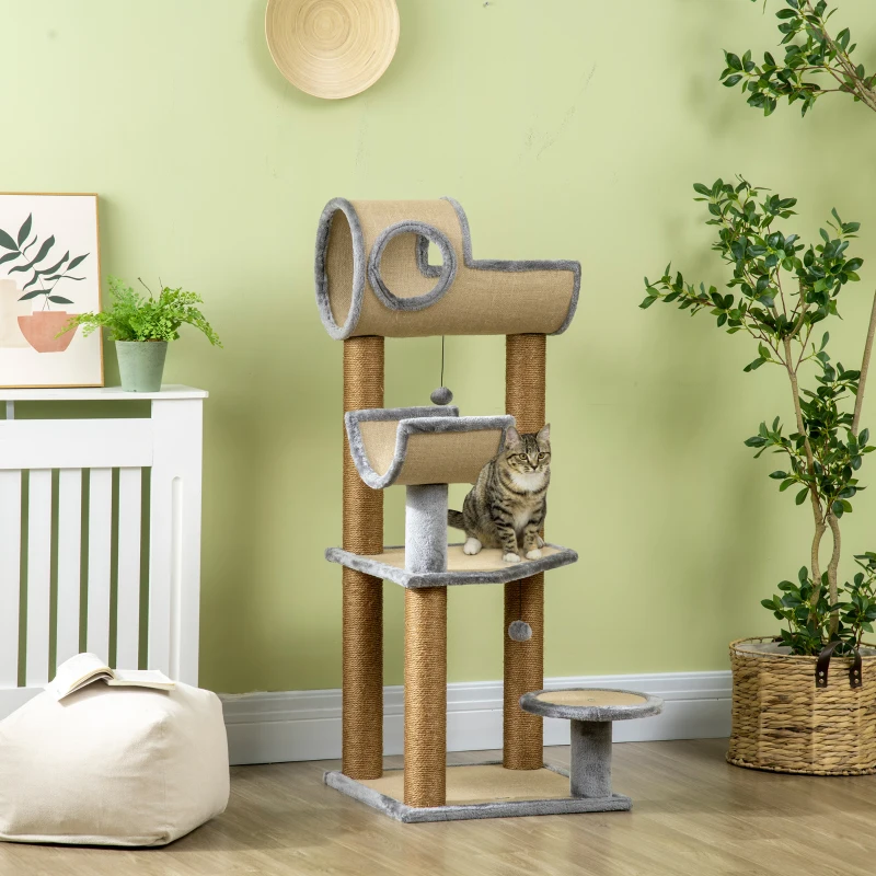 PawHut 48" Fun Cat Tree with Scratching Posts, Small Cat Tower for Indoor Cat Furniture, Cat Tunnel Bed Activity Center Climbing Toy